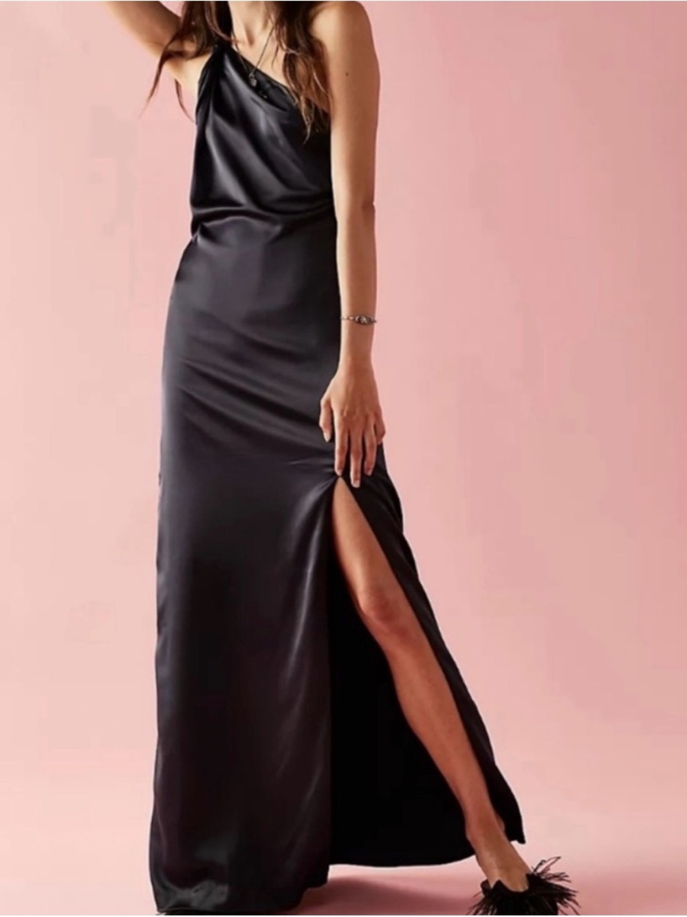 Free People Black One-Shoulder Satin Maxi Dress with Side Slit